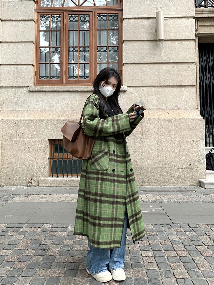 ファッション グリーン チェック 両面 着用 チェス ターコート レディース ロング タイプ 冬ジャケット トップスアウター