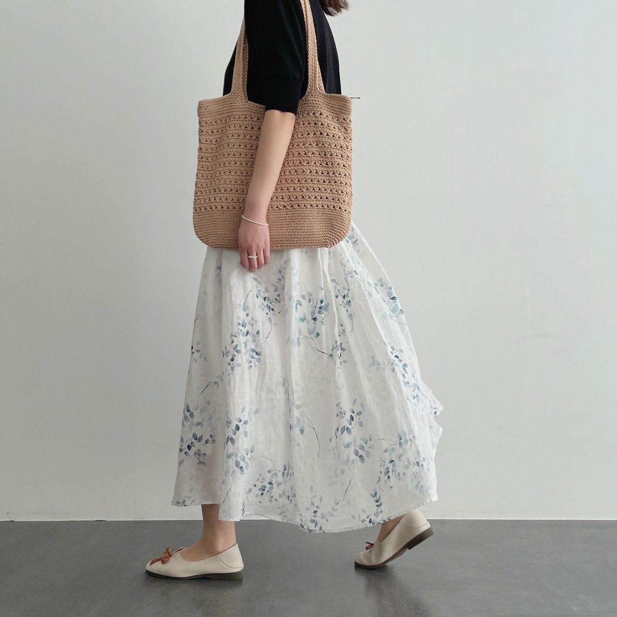 マキシスカート綿麻細見えA字ミディアムスカート25新作韓国ファッション脚魅せミニスカート