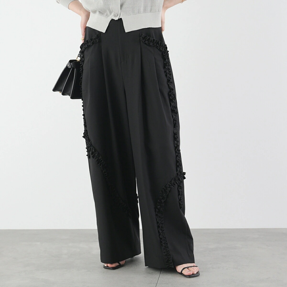 Eimee Law エイミーロウ タックパンツ 84107S レディース フリルデザイン スラックス ワイドパンツ BK 【mega】