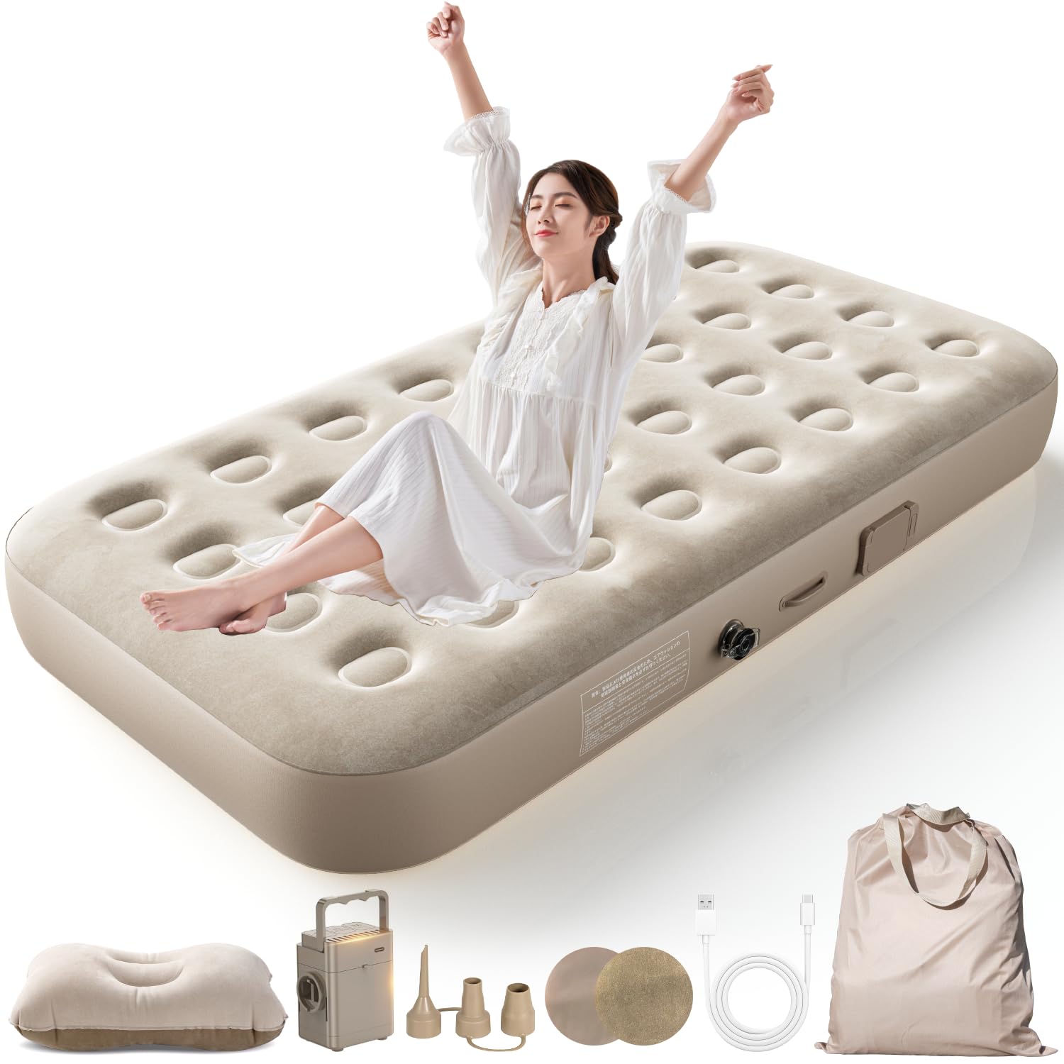 BQB エアーベッド 花見 キャンプ マット キャンプ用品 エアーマット 電動ポンプ内蔵 シングル 190×100×25cm 折り畳み式 自動膨張 ワンタッチで空気抜け Type-C充電式 取り外し可