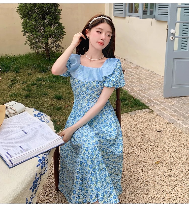 夏 甘い フレンチ レトロ スクエアネック ステッチ メッシュ パフスリーブ 花柄 ドレス 個性的 ワンピース 膝下 袖あり 半袖 ボリューム袖 スクエアネック 襟付き かわいい 大人可愛い 大人