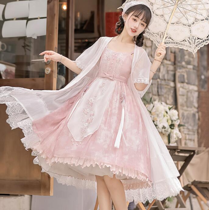 漢風 ロリータ ワンピース 刺繍 改良版漢服 膝丈 キャミソール ドレス ロング丈 羽織 シフォン カーディガン 漢元素 ロリータ服 可愛い ロリータドレス コスプレ衣装 イベント衣装 撮影衣装 ピン