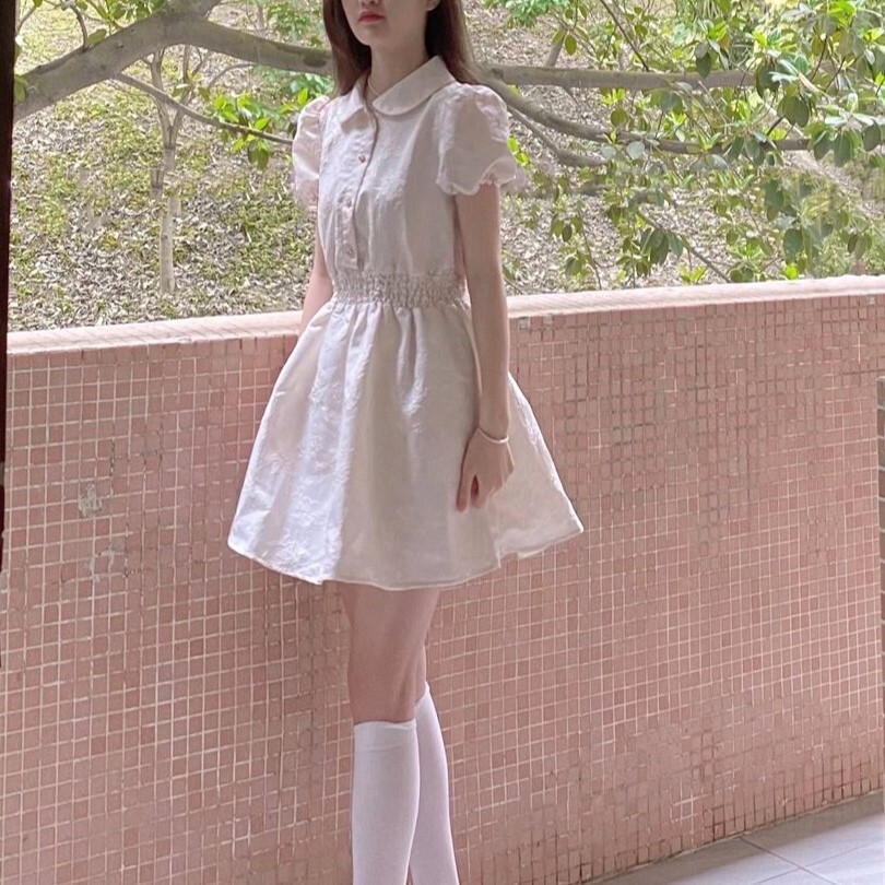 レディース ワンピース ミニ ショート 半袖 パフスリーブ 襟付き 丸襟 ワイド フレア ウエストマーク かわいい 大人可愛い きれいめ おしゃれ かっこいい アジアン エスニック エキゾチック