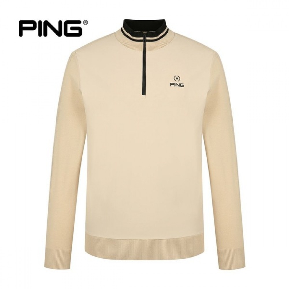 [Ping] メンズウーブンパッチハーフジップアップロングスリーブニット
