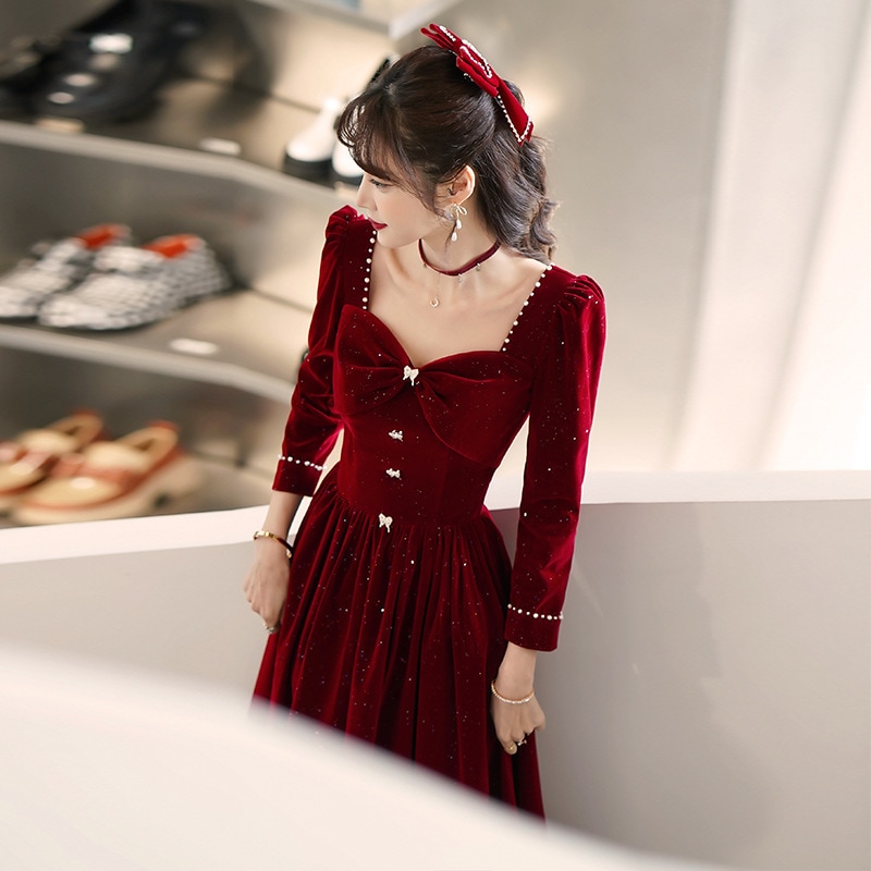 気質敬酒服モーニングドレス花嫁2025ロングワインレッド結婚婚約長袖タキシードワンピース