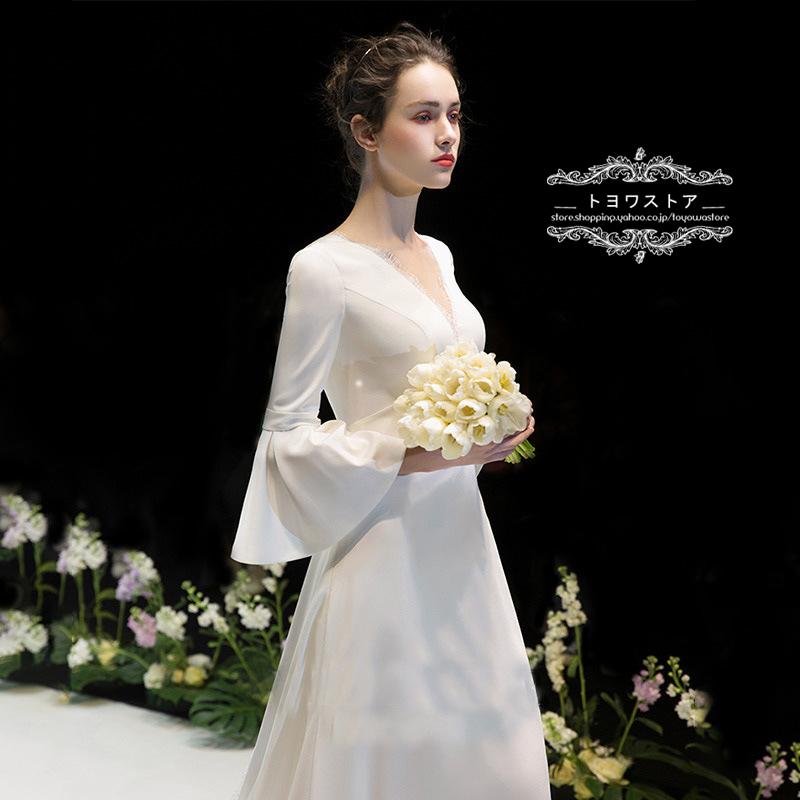 ウェディングドレス 写真撮影 結婚式 二次会 前撮り ホワイト 花嫁 フレア 白 ロングドレス 披露宴 バックレス パーティードレス ブライダル 新作 長袖 演奏会