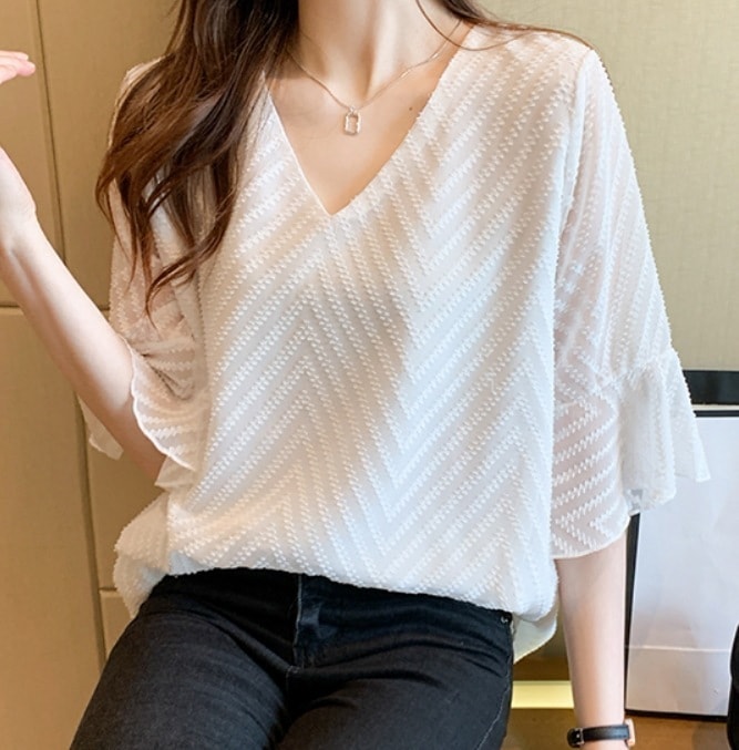 デート モテアイテム シャツ ブラウス 半袖 フレアスリーブ シフォン 透け感 シースルー 可愛い きれいめ 上品 おしゃれ かっこいい 可愛い ラブリー キュート ガーリー クール モード系