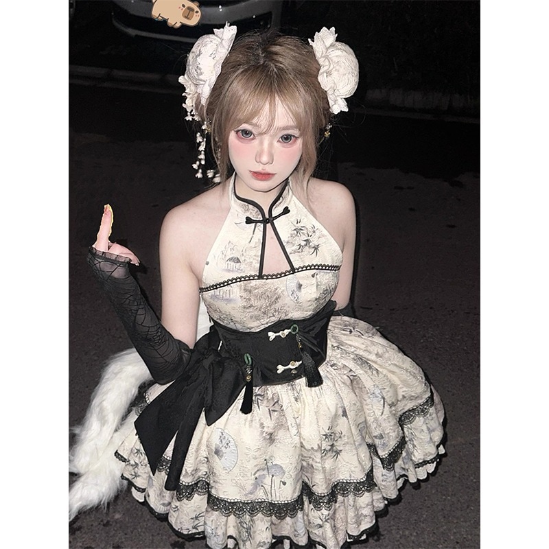 ロリータバックレスホルタードレスサマープリンセスドレスショートスカート女性用