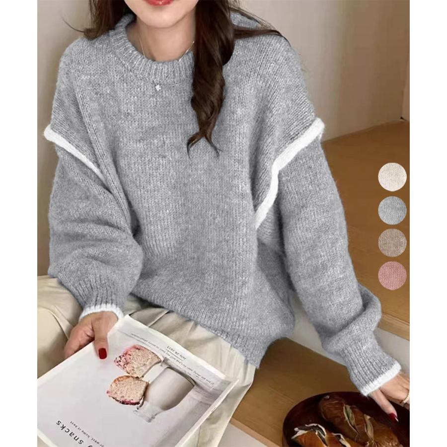 ゆったりニットトップスラウンドネック冬服