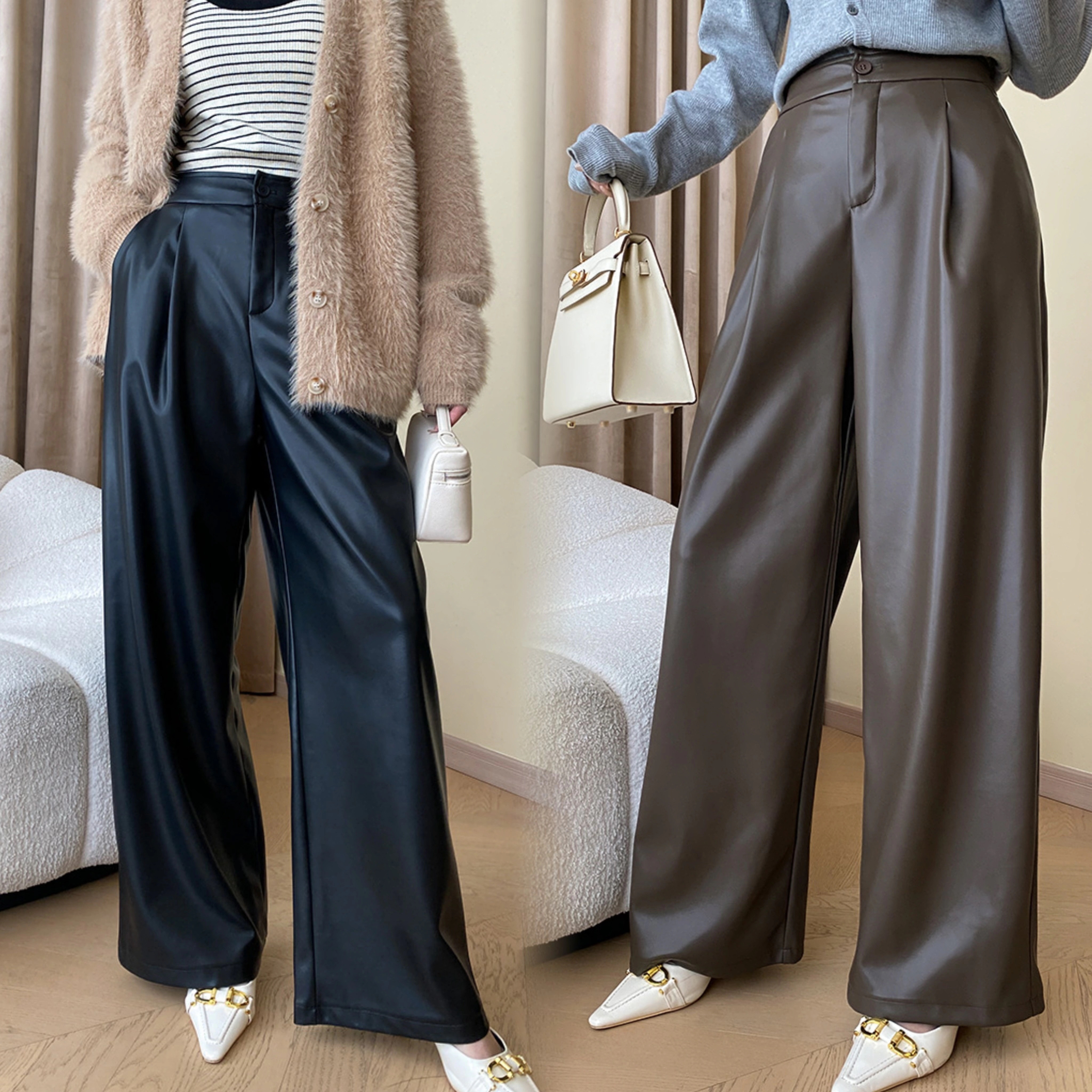 レザーパンツ ワイドパンツ 気質 百掛け ハイウエスト カジュアル PU革 裹起毛 暖かい 防風 防寒 着痩せ 厚手 モップパンツ