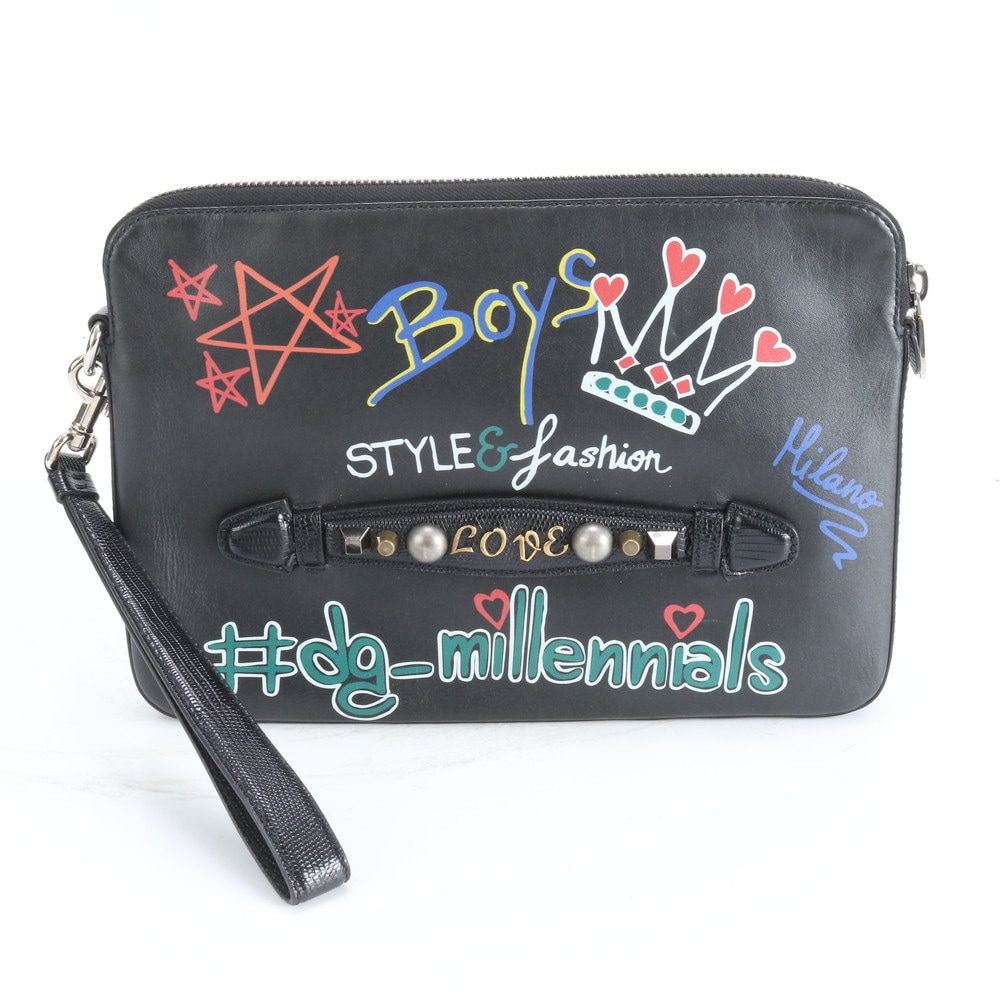 美品 D&G ドルガバ ミレニアルズ レザー セカンドバッグ クラッチ ポーチ 通勤 ビジネス ブラック 黒 メンズ レディース RWM DN24-10 中古