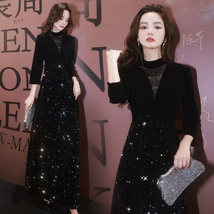 ベルベット ドレス 小柄 高級感 パーティードレス 黒 気質 イブニングドレス 演奏会 成人式 同窓会 発表会 フォーマル キャバドレス ワンピース OL 正式 礼装 チャイナドレス T