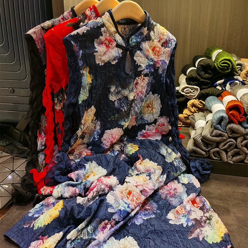 レトロ中国式立襟盤ボタン改良チャイナドレスゆるいa字スカートプリントしわワンピース秋