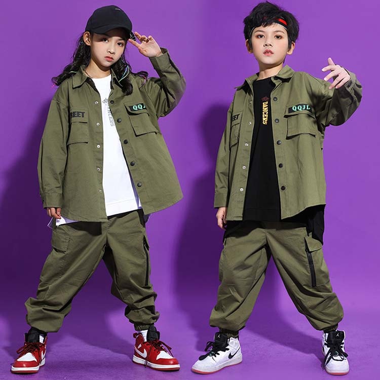 キッズ ダンス衣装 ヒップホップ HIPHOP セットアップ ジャズダンス ポップダンス パンツ シャツジャケット カーゴパンツ グリーン カーキ ゆったり 長袖 派手 個性派 韓国 風 プリント 無