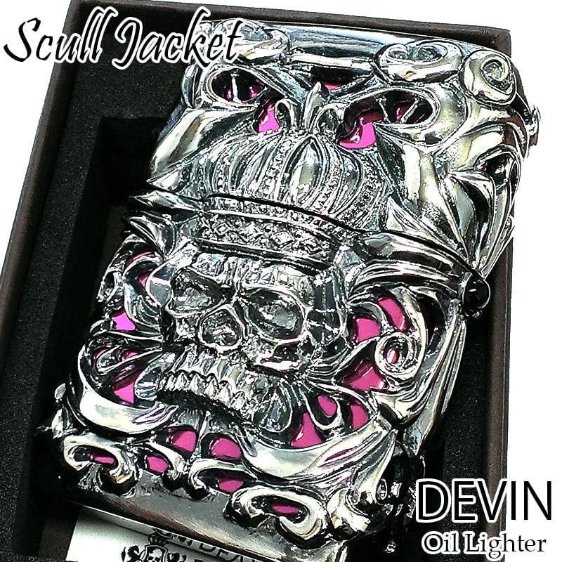 オイルライター メタルジャケット DEVIN フリント式 スカル オニキス デヴィン シルバー＆ヴァイオレット 超重厚 日本製 豪華 ドクロ おしゃれ かっこいい 骸骨 メンズ プレゼント ギフト