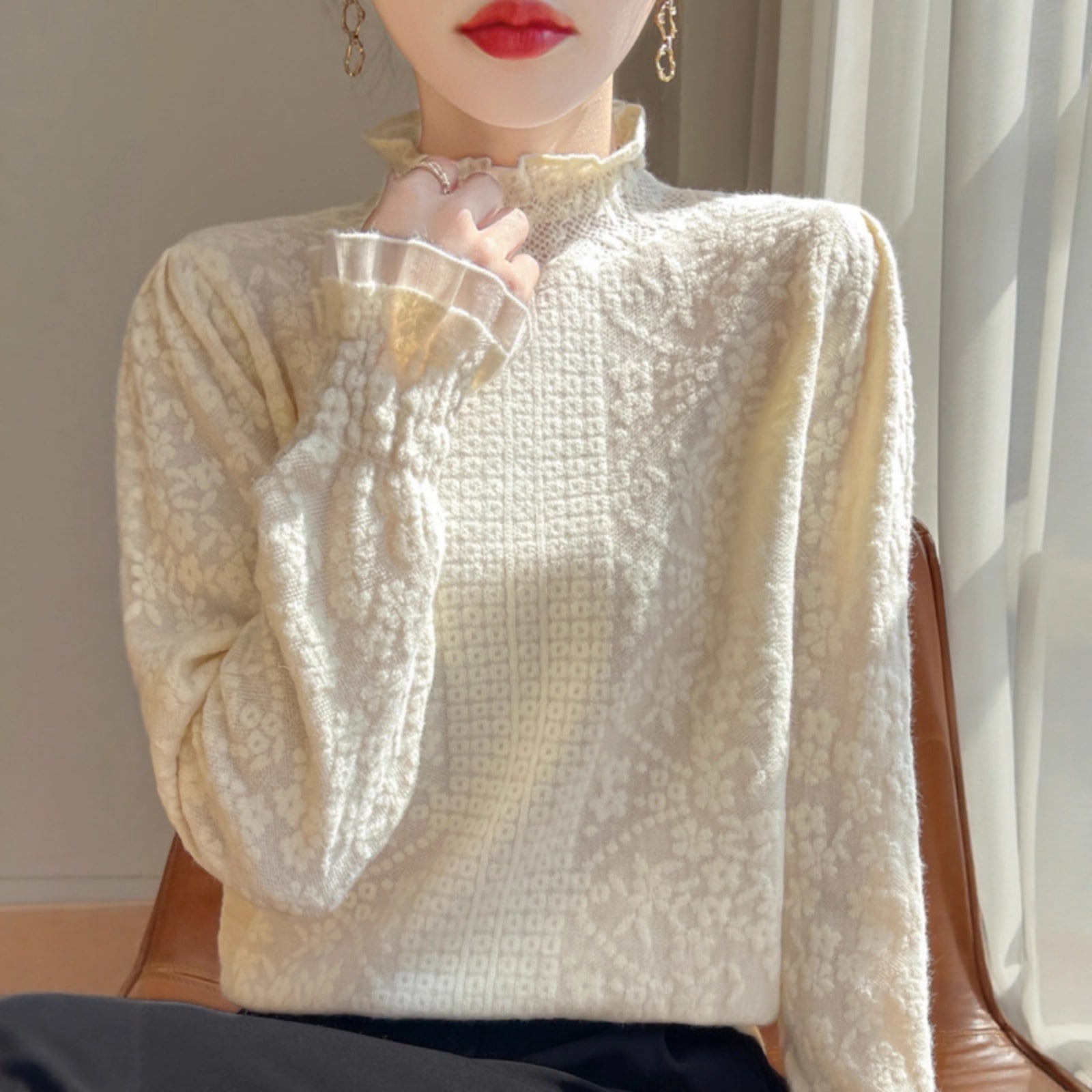 エレガントなフリルカラーのニットトップスレディース2025年秋冬新作レースハーフハイカラーフリルトリムのベースレイヤートップス