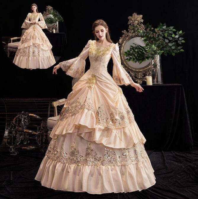 ステージ衣装 中世貴族風 プリンセスドレス フレア袖 編み上げ きれいめ 女性用 ヨーロッパ風 クリスマス ドレス ハロウィンお嬢様 貴婦人ドレス パーティードレス 貴族ドレス 宮廷 華やか 礼服 舞