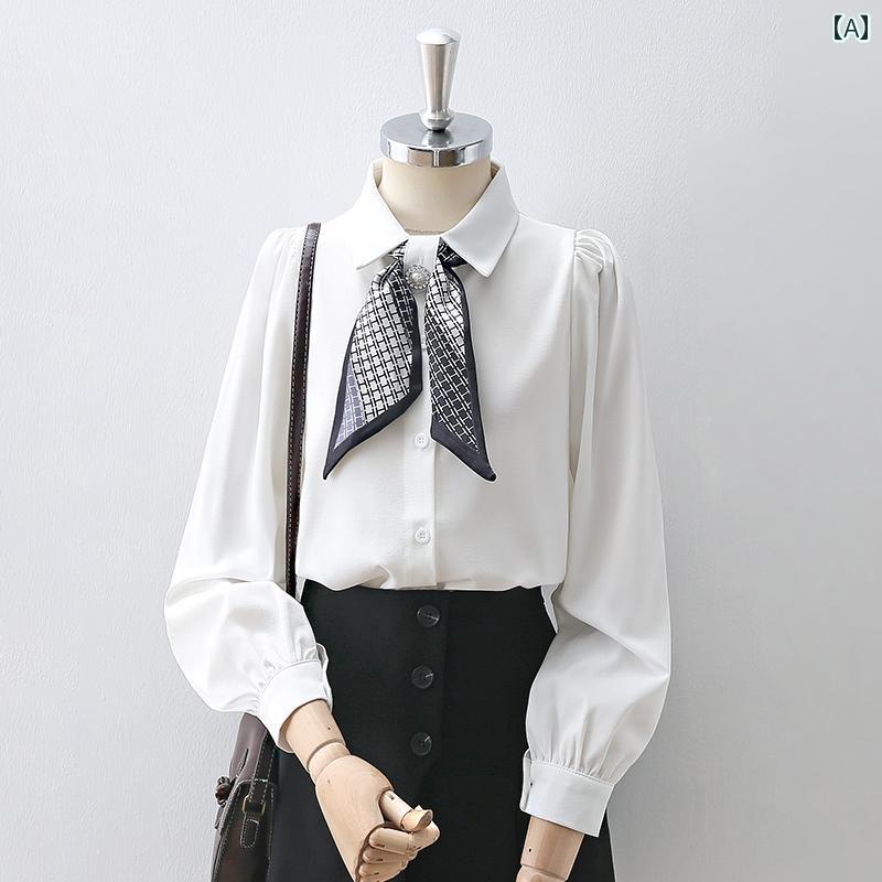 レディース シャツ ブラウス トップス 長袖 春秋 スカーフ装飾 リボンタイ シフォン ソフト シャツ襟 エレガント ビジネス オフィス フェミニン 上品 スタイリッシュ モード 軽量 快適
