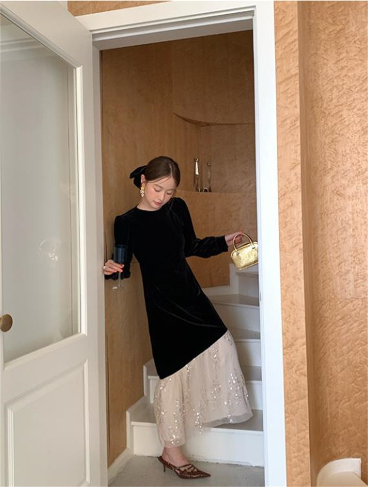 早い者勝ち ロングスカート 2025春 ジェントルスタイル ロングワンピース ベルベット ハイウエスト 長袖 縫付 ワンピース スリム ラウンドネック