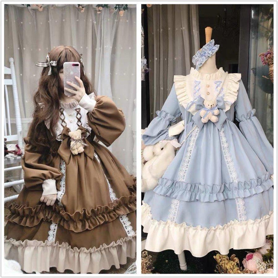 ワンピース レデイース二次元衣 装 コスチューム一式 美少女ドレ ス リボン付き ２色袖トップス リボンダンス衣装 演出Lolita長 袖ドレス服 ロリータ衣装
