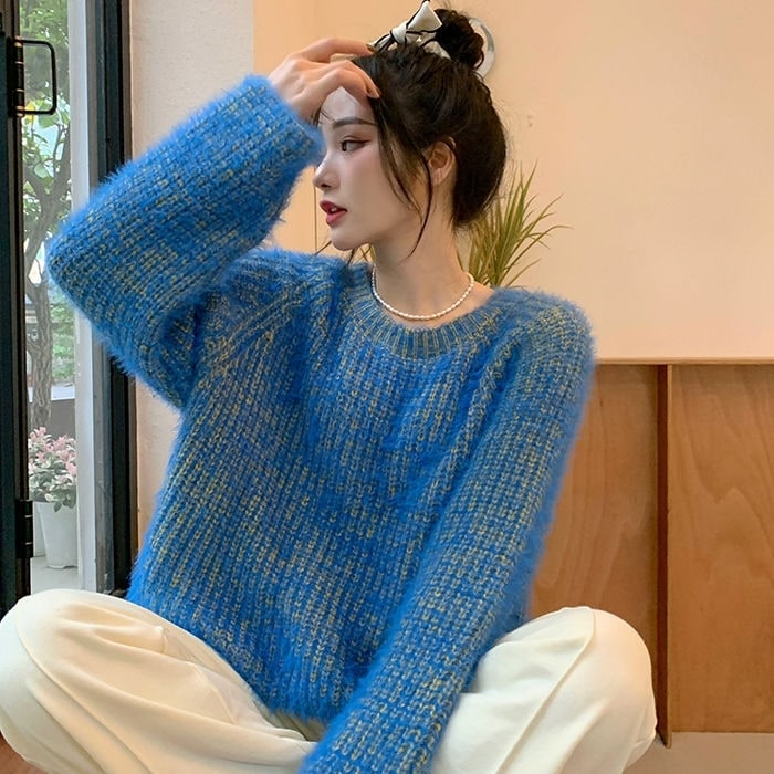 カラーセーター ブルー トップス ニットソー セーター ロング スリム 細身 ストレート スマート