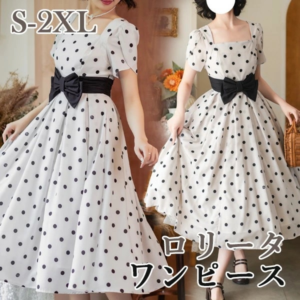 ロリータ ワンピース 半袖 水玉柄 夏 ショート丈 リボン ドット柄 レディース フランス風 フレアスカート クラロリ ゴスロリ レトロ風 上品 ロリータファッション お出かけ コスチューム衣装 可愛