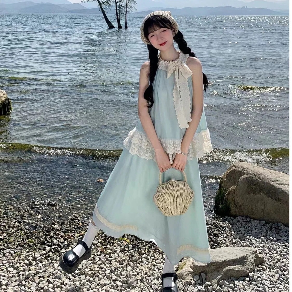 【2点セット】サマースーツスカートデコルテリボン首かけトップス＋半身スカート優しい雰囲気のデート