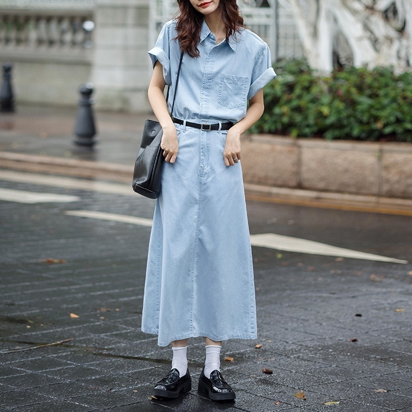 デニムシャツ スカート セットアップ ブラウス Aラインスカート ツーピース ロングスカート スリット ボタン ベルト 襟あり 上品 清楚 レトロ かわいい 大人可愛い おしゃれ フェミニン 大人女子