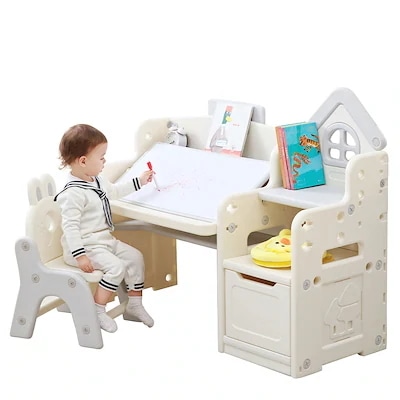 【EN71認証済み】4IN1キッズデスク キッズチェア ブロックテーブル ホワイトボード 高さ調整 角度調整 収納付き キッズデスク キッズチェア 1~10才 子供用テーブル 子供机 テーブルセット