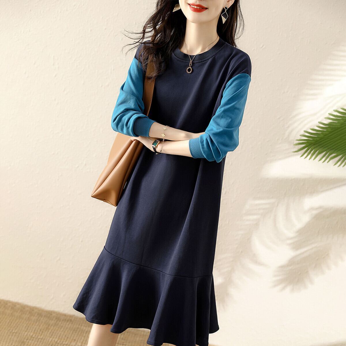 ワンピース レディース 膝下 ミモレ ロング 長袖 パフスリーブ ドロップショルダー ラウンドネック フレア 切り替え フォーマル フェミニン 韓国風 裾フレア 切り替えデザイン 大人可愛い きれいめ 5,433円