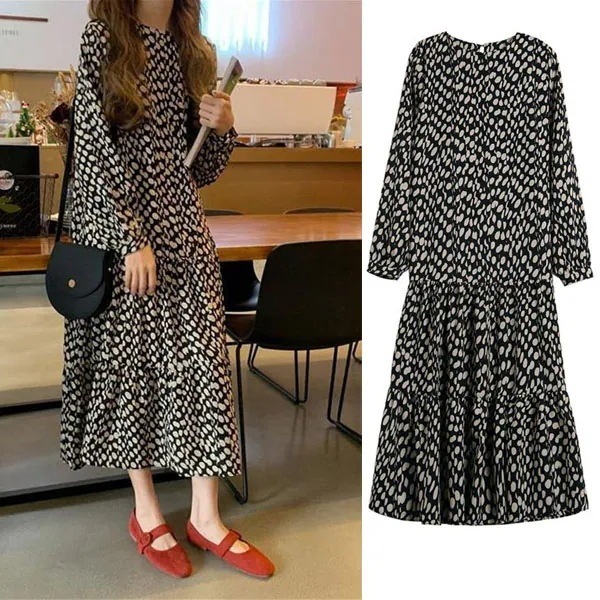 ロングワンピース 長袖 ワンピース ドット柄 シフォンワンピース レディース ワンピース