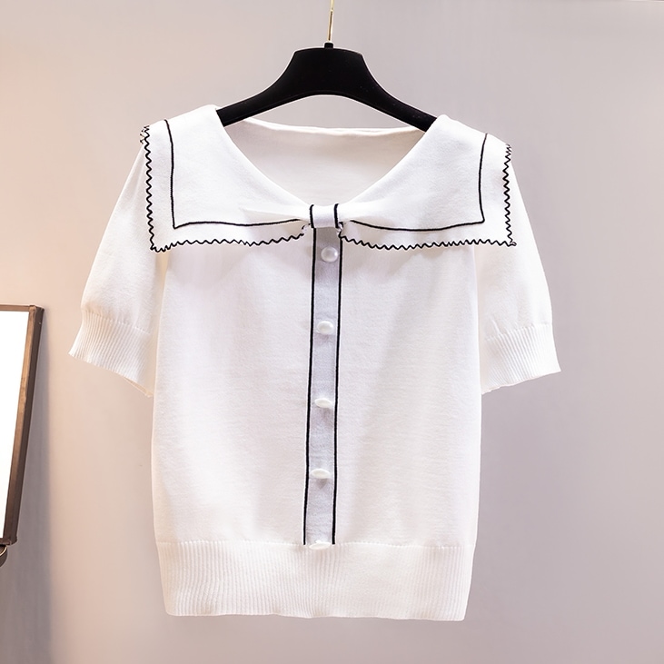 トップス Tシャツ セーター ミディアム丈 袖あり 半袖 襟付き ポロカラー ストレート リブ ニット 薄手 かわいい 大人可愛い きれいめ シンプル 上品 おしゃれ こなれ感 ラブリー キュート