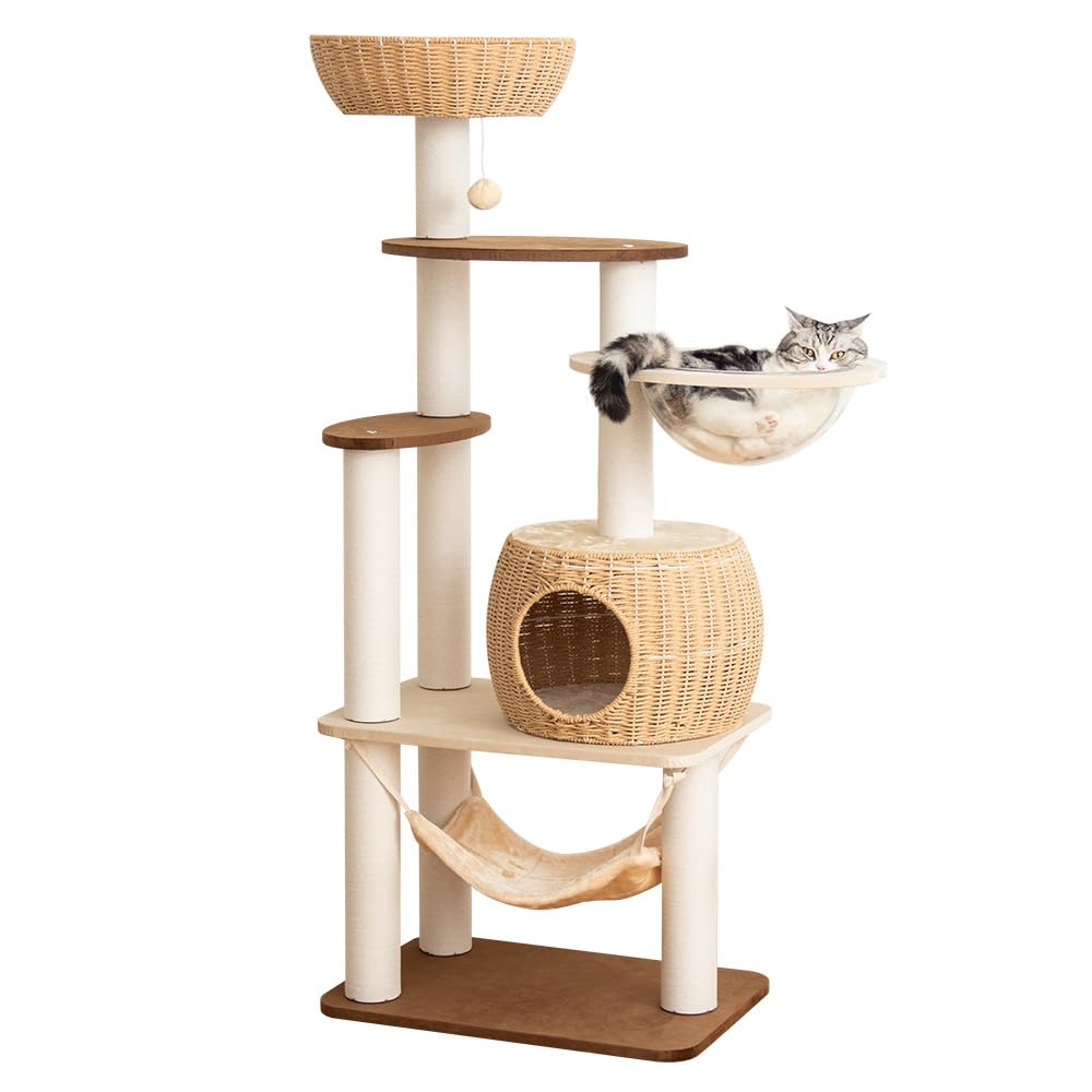 【なになにLife】 キャットタワー 木製 大型 天然木使用 据え置き 大型猫 おしゃれ ラバーウッド 手編みカゴ インテリア性 多頭飼い スリム 夏冬兼用 見晴台付き 猫タワー 宇宙船 クリアボウル 14,532円