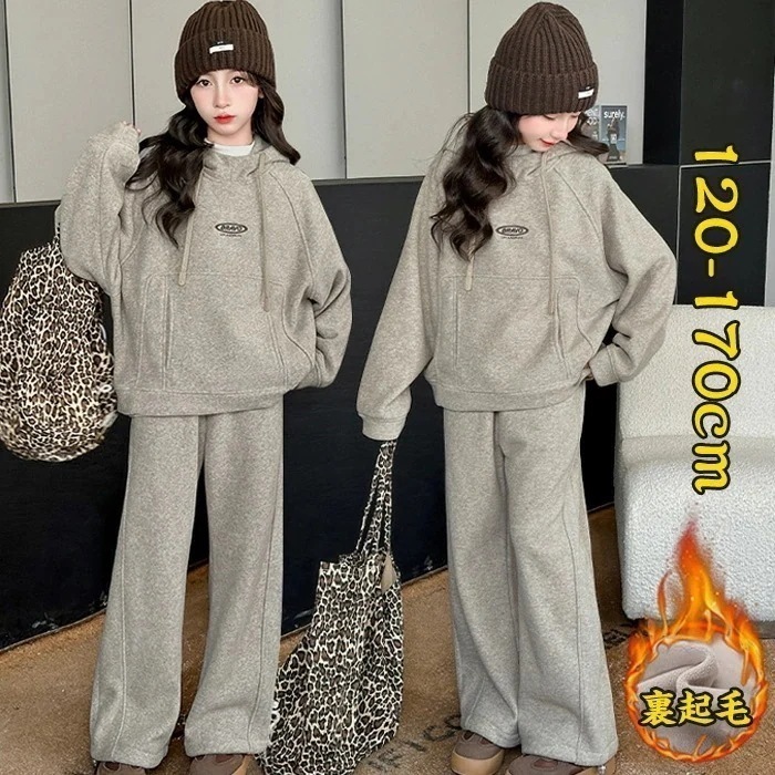 工ガ割-子供服 裏起毛 ジャージ 女の子 2点セット 裏ボア 厚手 上下セット フード付き パーカー ワイドパンツ キッズ パンツセット ガールズ スポーツウェア ゆったり 普段着 保温 防寒 韓国風