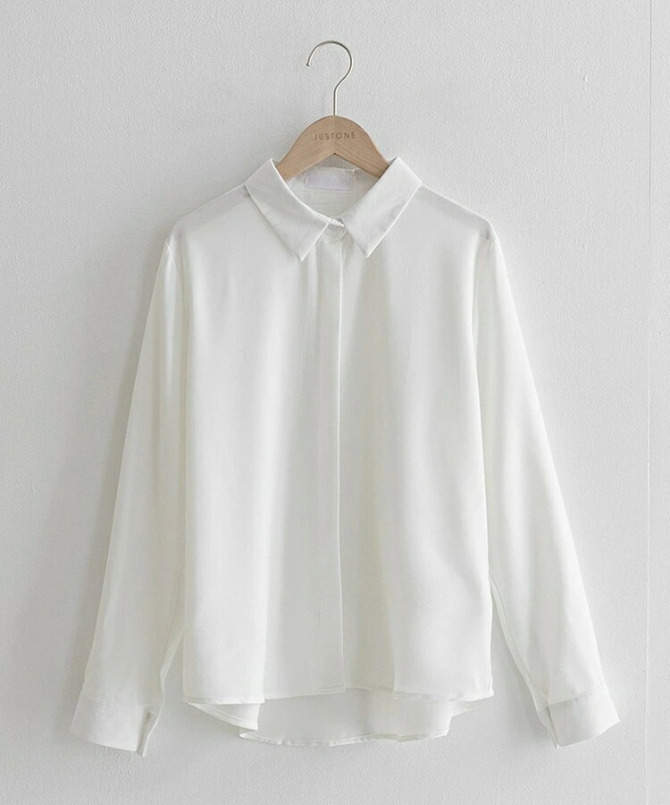 ［ジャストワン］ 無地 長袖 ボタン シャツ・ブラウス [6カラー]