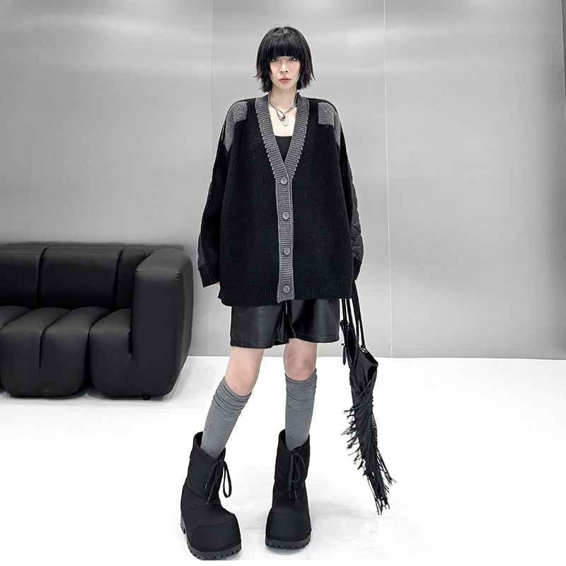 【J.Fashion】 ニットカーディガン キルティング おしゃれ レディース ドッキング セーター 関連商品購入可能 メガ割