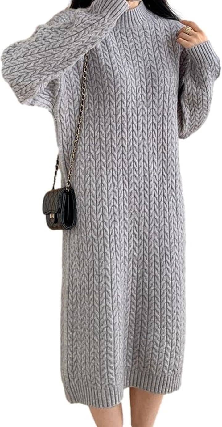 ジェイスコット ワンピース レディース ニット ケーブル編み ラウンドネック 膝下丈 Iライン(グレー, L)