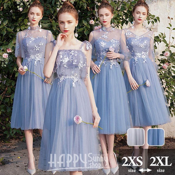 ブライズメイド ドレス ミモレ丈 カクテルドレス 半ファスナー 半編み上げ 小さいサイズ ノースリーブ 大きいサイズ 結婚式 母親 ドレス 体型カバー 半袖 オフショルダー 2