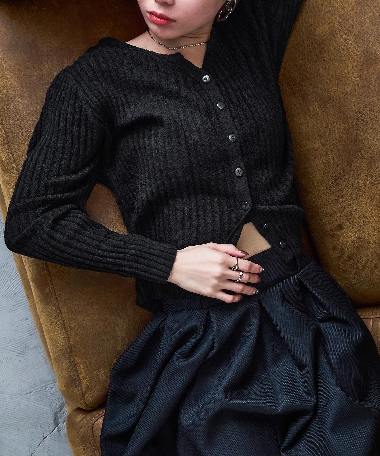 ベロアモール リブニット キーネックカーディガン カーディガン アウター トップス 長袖 ニットカーデ ママコーデ 韓国ファッション 低身長 高身長 シンプル セーター プルオーバー