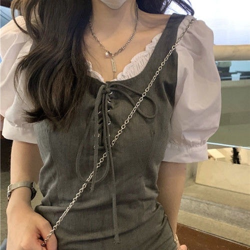 フェイクツーピースパフスリーブドレス女性用2025年夏新作フランス製スリムスカートプチショートスカート