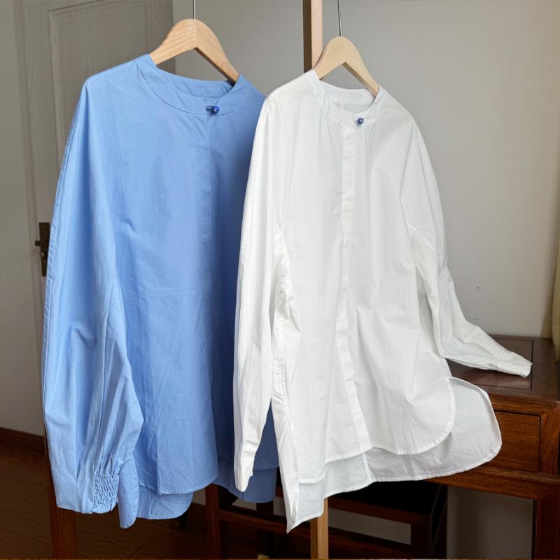 スタンドカラー ブラウス おしゃれ レディース 春秋 トップス シャツ 綿 長袖 前開き ボタン オフィス カジュアル シンプル 無地 白 青