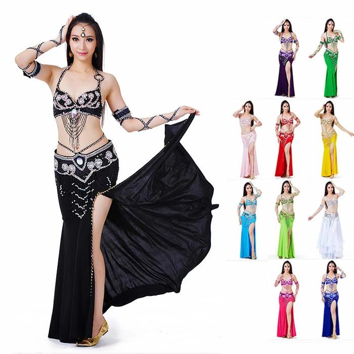 出荷が迅速である 独占販売 ベリーダンス 衣装 レディース 3点セット ダンス衣装 トップス キャミソール スカート ウエストチェーン ステージ衣装 スパンコール きらきら 肩出し ロング丈 本日限り