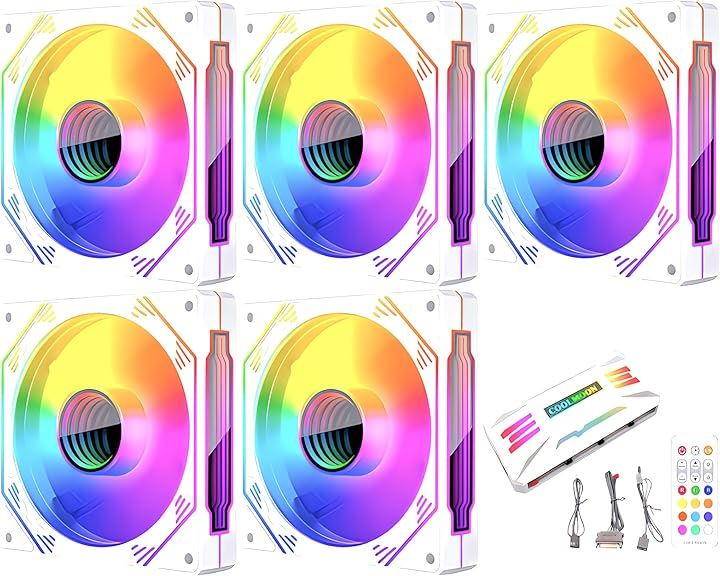 HiFrost PCケースファン5枚セット 120mm 4pin PWM LED ARGB 5v 3pin ハブ コントローラー付き リモコン(ホワイト, ファン5枚＋ハブ)