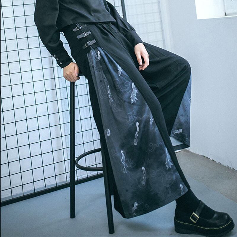 チャイナ風ワイドパンツ レディース 柄パンツ ボトムス ハイウエストズボン 狐プリント 黒いロンパン