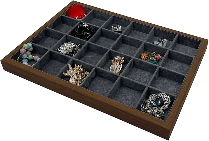 アクセサリーケース アクセサリートレイ 木製 ジュエリートレイ アクセサリー収納(A：24個仕切り ダークグレー, 標準)