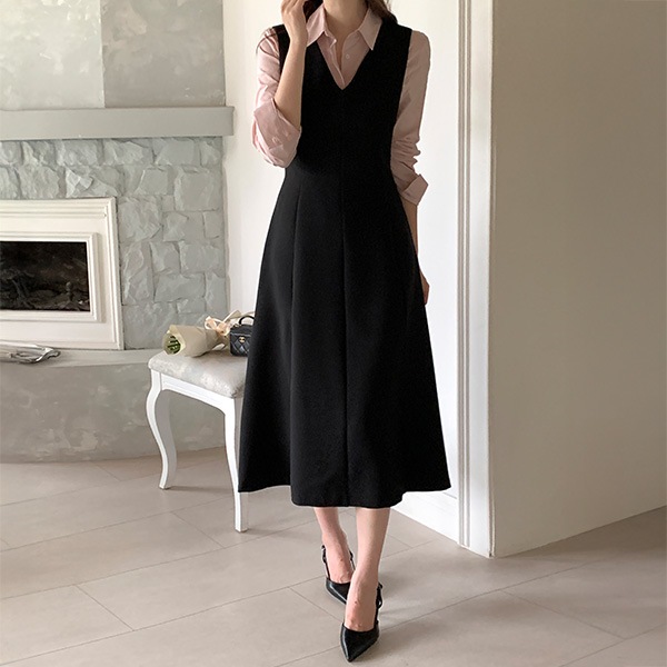 （ブランドクオリティ／シワが気にならない／レイヤードにも）ルビア Vネック バックル付き フレアビスチェワンピース op16175