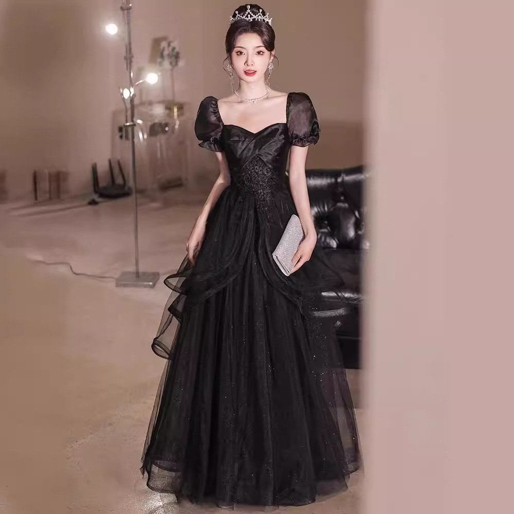 ブラックイブニングドレス2024宴会ハイエンドホスト成人式女性卒業式ドレス