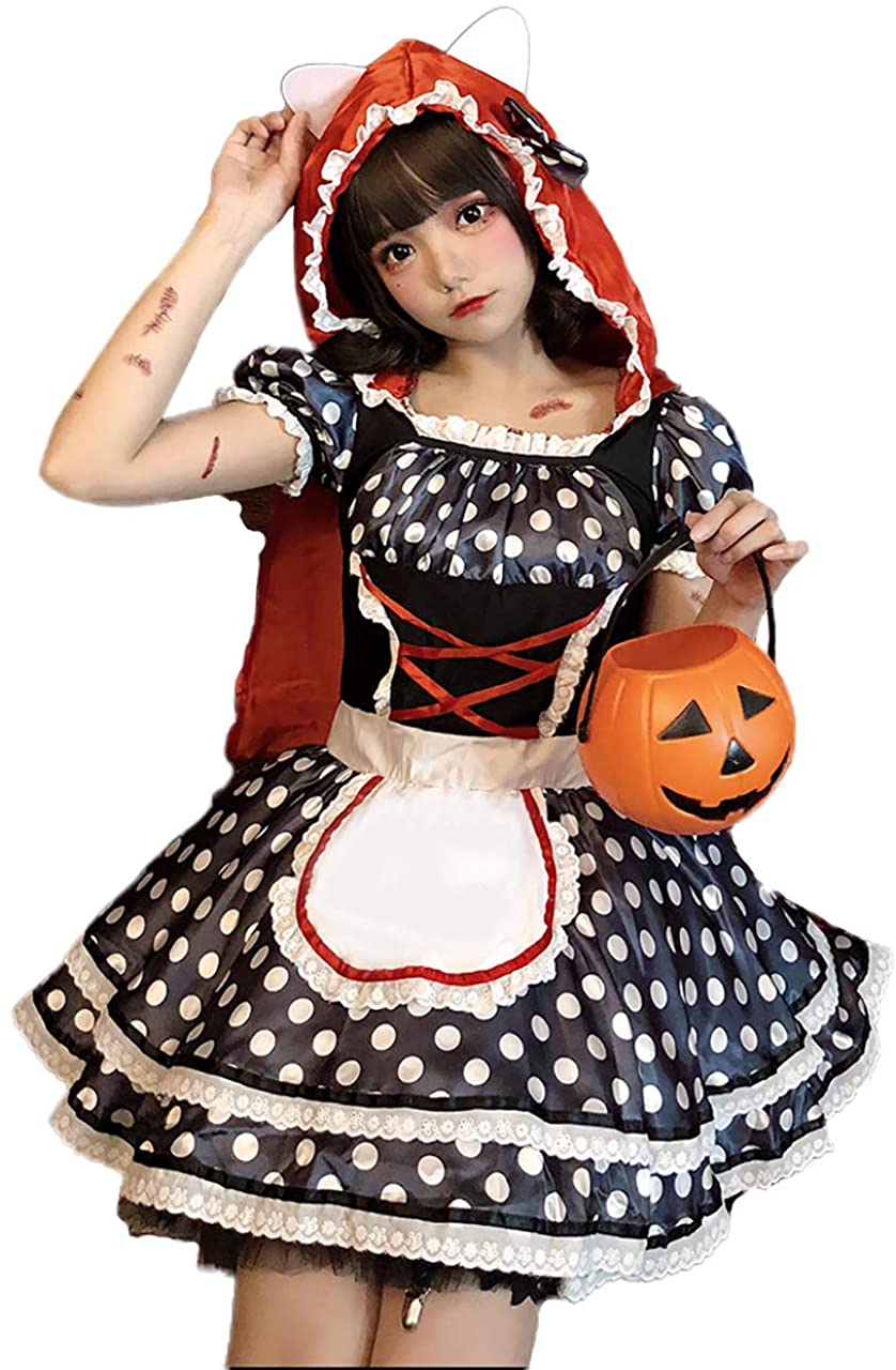 赤ずきん コスプレ ハロウィン ワンピース マントセット ロリータ 大人 ウェイトレス風 ミニ丈 ド