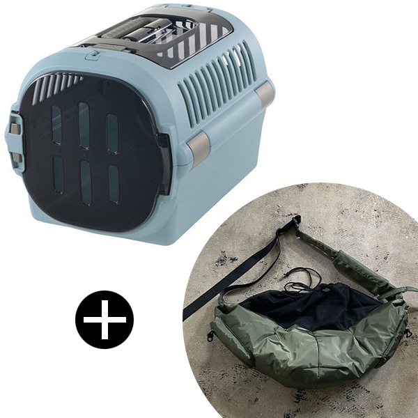 キャンピングキャリーファイン ダブルドア M ブルー + PUFF PET PUFF SLING P25001-54 カーキ ペットキャリー セット