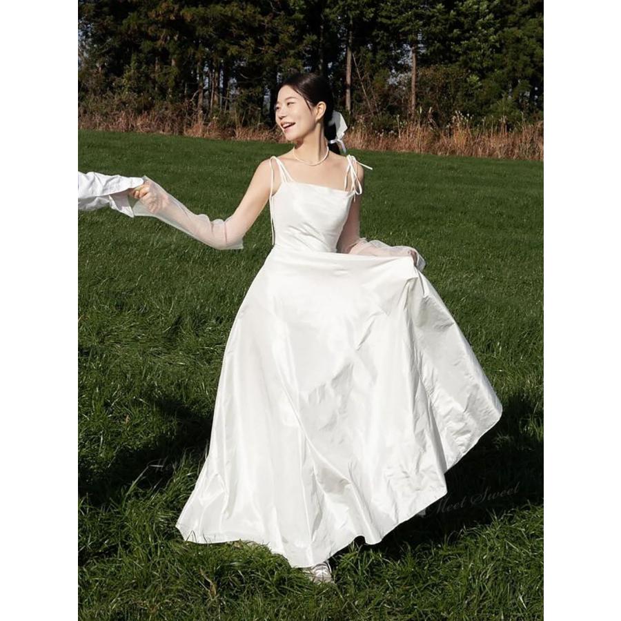 ウェディングドレス サテン キャミソール ノースリーブ Aライン ロング 二次会 結婚式 披露宴 前撮り 後撮り 発表会 花嫁 ウエディングドレス 花嫁ドレス